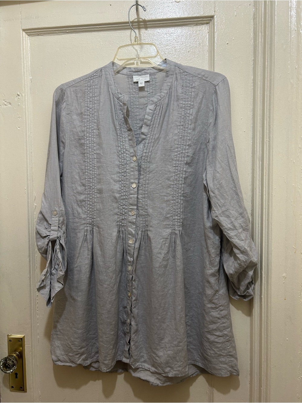 J. Jill Love Linen Dress Sz L  Gray Pintuck Button-Front Shirt Dress